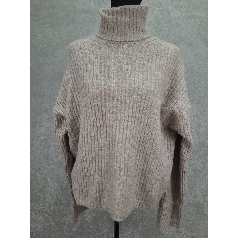 H&M Ribbed Knit Turtleneck Crop Sweater‎ Sz S Oversized Cozy Beige Pullover New